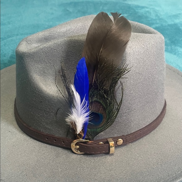 Gray Women's Felt Fedora Western Cowboy Hat Brown Belt  Peacock Feather Accent - Picture 6 of 8